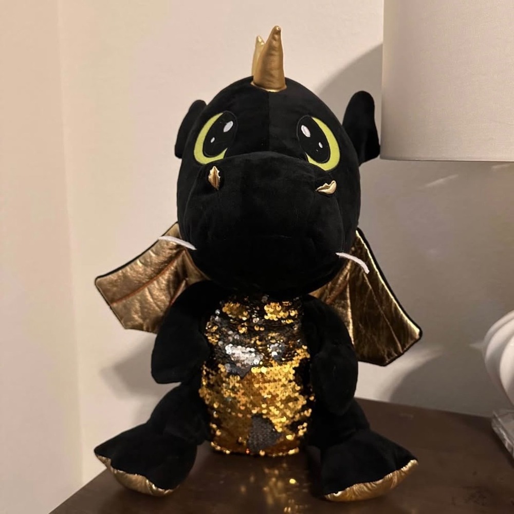 Fun & Fun Toys Black Dragon Plush Gold Silver Flip Sequin Belly 18 Inch 437-06